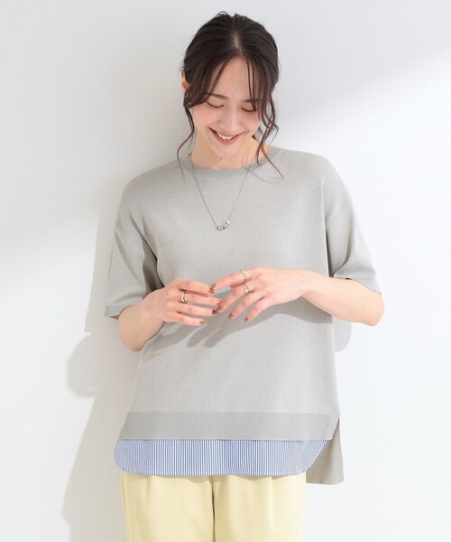 SHOO・LA・RUE(シューラルー)の「【ひんやり/UV/洗濯機可/S-LL】毛玉になりにくい シャツレイヤード風半袖ニット(ニット/セーター・レディース・グレー/ネイビー/レッド系/モスグリーン・03/01/02/04)」の5枚目の写真