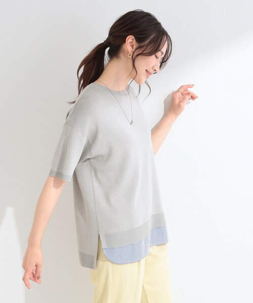 SHOO・LA・RUE(シューラルー)の「【ひんやり/UV/洗濯機可/S-LL】毛玉になりにくい シャツレイヤード風半袖ニット(ニット/セーター・レディース・グレー/ネイビー/レッド系/モスグリーン・03/01/02/04)」の6枚目の写真
