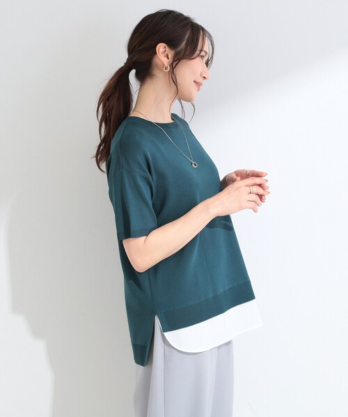 SHOO・LA・RUE(シューラルー)の「【ひんやり/UV/洗濯機可/S-LL】毛玉になりにくい シャツレイヤード風半袖ニット(ニット/セーター・レディース・グレー/ネイビー/レッド系/モスグリーン・03/01/02/04)」の9枚目の写真