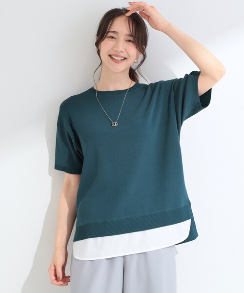 SHOO・LA・RUE(シューラルー)の「【ひんやり/UV/洗濯機可/S-LL】毛玉になりにくい シャツレイヤード風半袖ニット(ニット/セーター・レディース・グレー/ネイビー/レッド系/モスグリーン・03/01/02/04)」の10枚目の写真