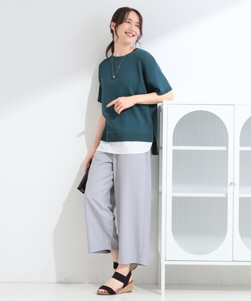 SHOO・LA・RUE(シューラルー)の「【ひんやり/UV/洗濯機可/S-LL】毛玉になりにくい シャツレイヤード風半袖ニット(ニット/セーター・レディース・グレー/ネイビー/レッド系/モスグリーン・03/01/02/04)」の11枚目の写真