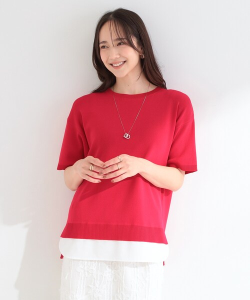 SHOO・LA・RUE(シューラルー)の「【ひんやり/UV/洗濯機可/S-LL】毛玉になりにくい シャツレイヤード風半袖ニット(ニット/セーター・レディース・グレー/ネイビー/レッド系/モスグリーン・03/01/02/04)」の13枚目の写真
