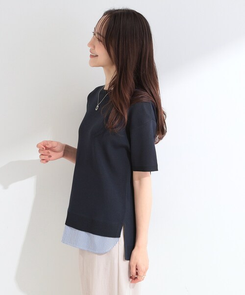 SHOO・LA・RUE(シューラルー)の「【ひんやり/UV/洗濯機可/S-LL】毛玉になりにくい シャツレイヤード風半袖ニット(ニット/セーター・レディース・グレー/ネイビー/レッド系/モスグリーン・03/01/02/04)」の18枚目の写真