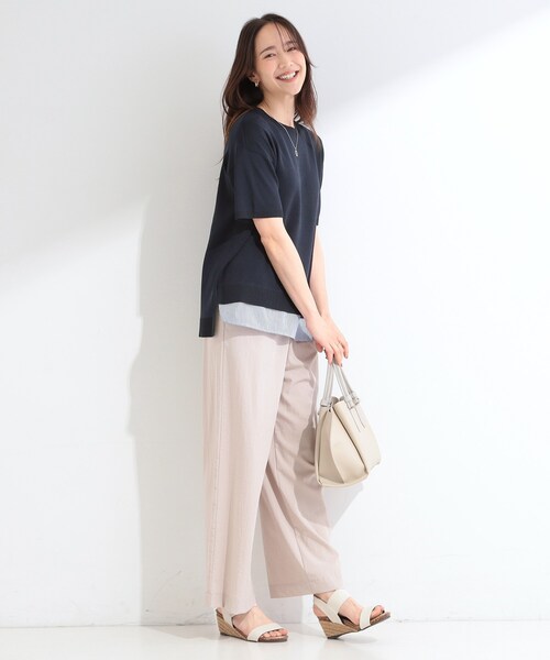 SHOO・LA・RUE(シューラルー)の「【ひんやり/UV/洗濯機可/S-LL】毛玉になりにくい シャツレイヤード風半袖ニット(ニット/セーター・レディース・グレー/ネイビー/レッド系/モスグリーン・03/01/02/04)」の19枚目の写真