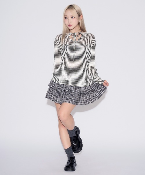 tinkerend(ティンカーエンド)の「Sheer Border Ribbon Blouse / シアーリボン付きブラウス(Tシャツ/カットソー・レディース・ブラック/ライトピンク・FREE)」の8枚目の写真