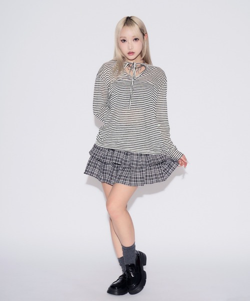 tinkerend(ティンカーエンド)の「Sheer Border Ribbon Blouse / シアーリボン付きブラウス(Tシャツ/カットソー・レディース・ブラック/ライトピンク・FREE)」の9枚目の写真