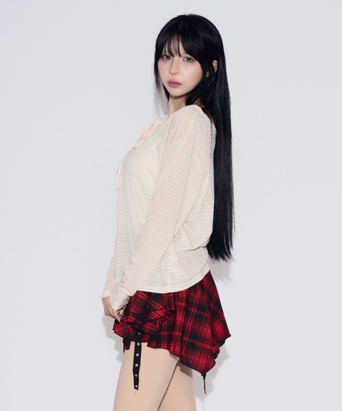 tinkerend(ティンカーエンド)の「Sheer Border Ribbon Blouse / シアーリボン付きブラウス(Tシャツ/カットソー・レディース・ブラック/ライトピンク・FREE)」の13枚目の写真