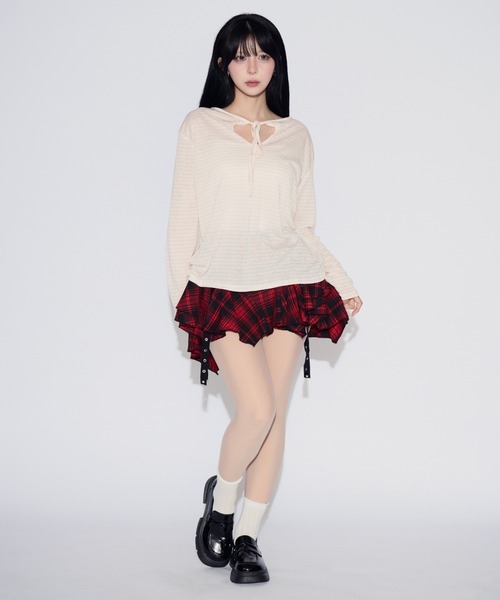 tinkerend(ティンカーエンド)の「Sheer Border Ribbon Blouse / シアーリボン付きブラウス(Tシャツ/カットソー・レディース・ブラック/ライトピンク・FREE)」の15枚目の写真