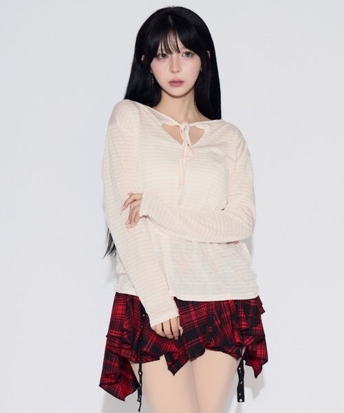 tinkerend(ティンカーエンド)の「Sheer Border Ribbon Blouse / シアーリボン付きブラウス(Tシャツ/カットソー・レディース・ブラック/ライトピンク・FREE)」の12枚目の写真