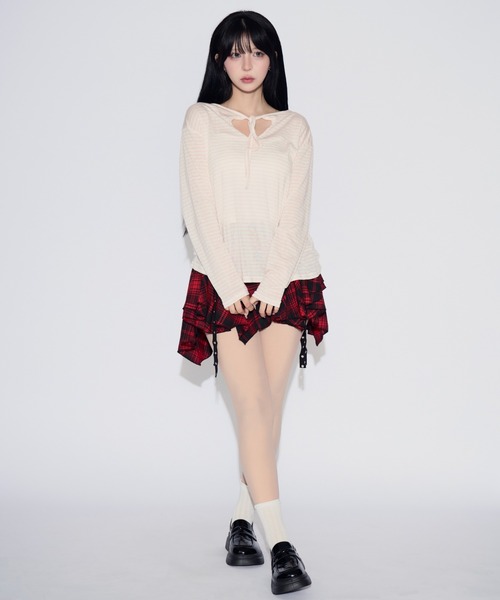 tinkerend(ティンカーエンド)の「Sheer Border Ribbon Blouse / シアーリボン付きブラウス(Tシャツ/カットソー・レディース・ブラック/ライトピンク・FREE)」の16枚目の写真
