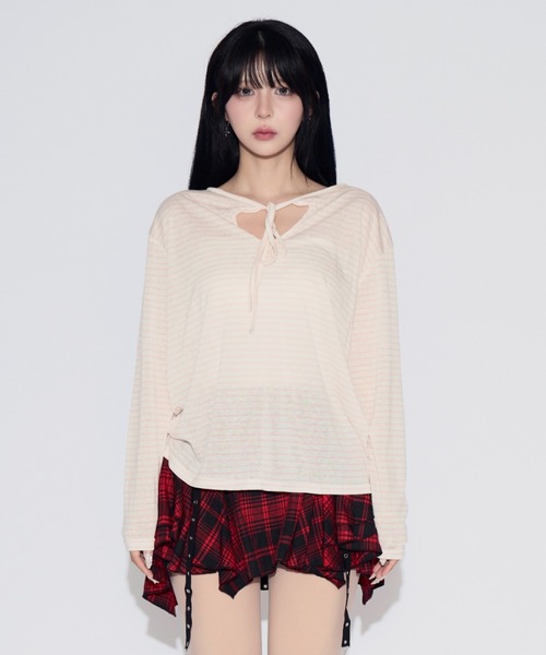 tinkerend(ティンカーエンド)の「Sheer Border Ribbon Blouse / シアーリボン付きブラウス(Tシャツ/カットソー・レディース・ブラック/ライトピンク・FREE)」の11枚目の写真