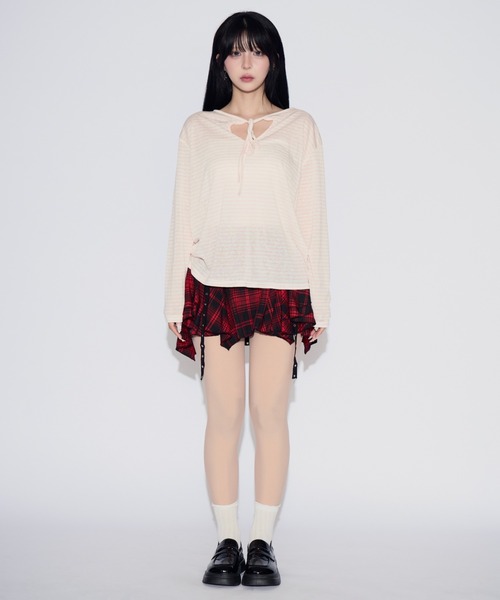 tinkerend(ティンカーエンド)の「Sheer Border Ribbon Blouse / シアーリボン付きブラウス(Tシャツ/カットソー・レディース・ブラック/ライトピンク・FREE)」の14枚目の写真