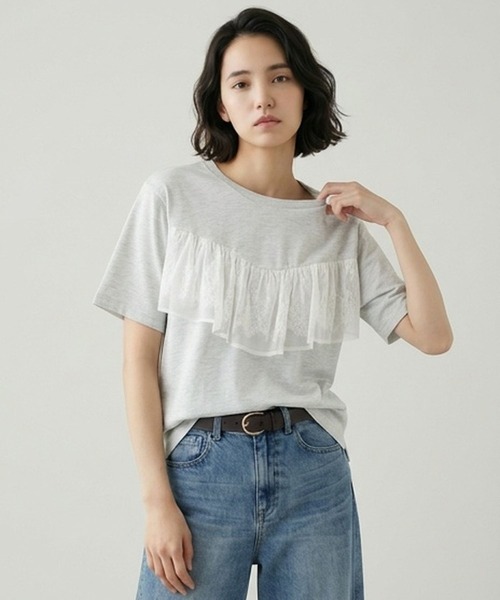GLOBAL WORK(グローバルワーク)の「フリルレースドッキングT半袖/713292(Tシャツ/カットソー・レディース・ライトグレー/オフホワイト/ブラック・LARGE/MEDIUM)」の3枚目の写真