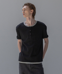 イージーレイヤードヘンリーネック半袖Tシャツ[ブラック]