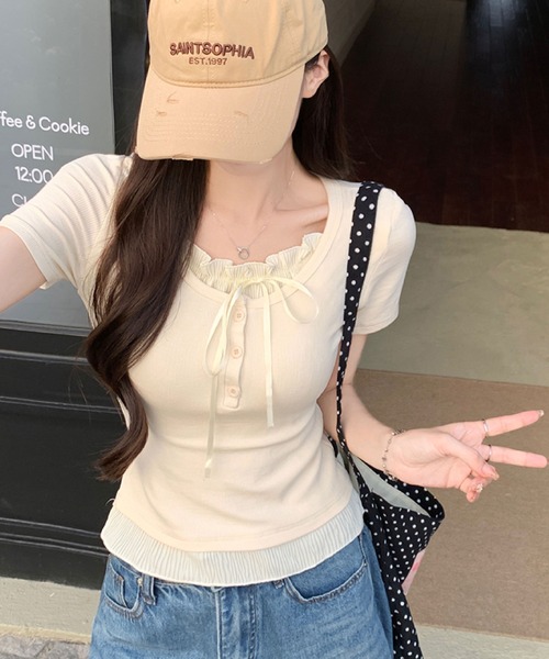 2ly2(トゥーリートゥー)の「フリル&リボン付きリブトップス(Tシャツ/カットソー・レディース・ベージュ/グリーン/ブルー/グレー・FREE)」の10枚目の写真