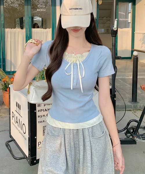 2ly2(トゥーリートゥー)の「フリル&リボン付きリブトップス(Tシャツ/カットソー・レディース・ベージュ/グリーン/ブルー/グレー・FREE)」の19枚目の写真