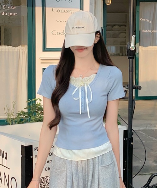 2ly2(トゥーリートゥー)の「フリル&リボン付きリブトップス(Tシャツ/カットソー・レディース・ベージュ/グリーン/ブルー/グレー・FREE)」の20枚目の写真