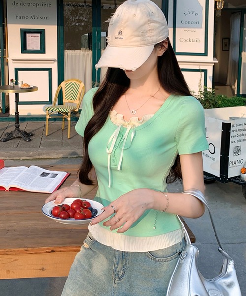 2ly2(トゥーリートゥー)の「フリル&リボン付きリブトップス(Tシャツ/カットソー・レディース・ベージュ/グリーン/ブルー/グレー・FREE)」の14枚目の写真