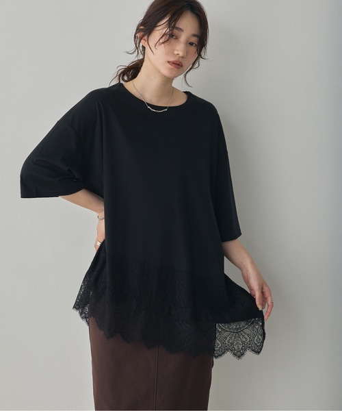 hunch(ハンチ)の「コンパクトスムース アシメレースドッキングトップス(Tシャツ/カットソー・レディース・アイボリー/ダークカーキ/ブラック・FREE)」の2枚目の写真