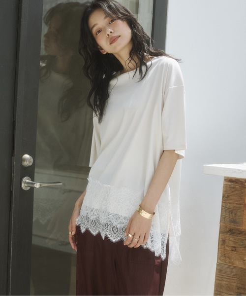 hunch(ハンチ)の「コンパクトスムース アシメレースドッキングトップス(Tシャツ/カットソー・レディース・アイボリー/ダークカーキ/ブラック・FREE)」の7枚目の写真