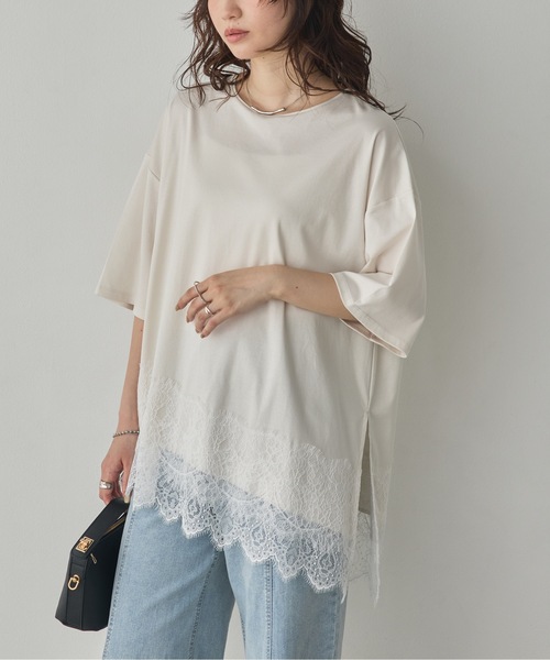 hunch(ハンチ)の「コンパクトスムース アシメレースドッキングトップス(Tシャツ/カットソー・レディース・アイボリー/ダークカーキ/ブラック・FREE)」の12枚目の写真