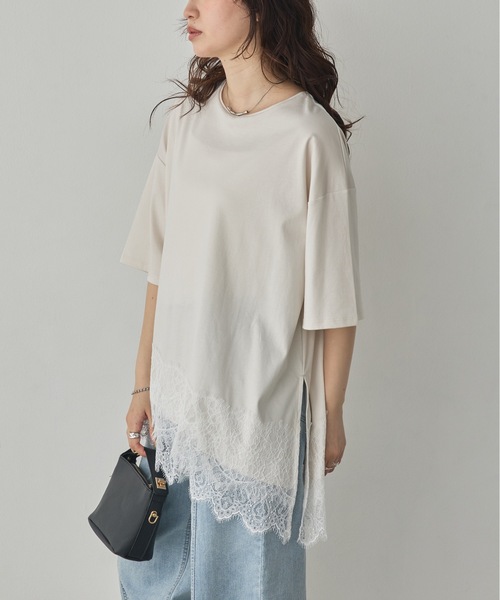 hunch(ハンチ)の「コンパクトスムース アシメレースドッキングトップス(Tシャツ/カットソー・レディース・アイボリー/ダークカーキ/ブラック・FREE)」の13枚目の写真
