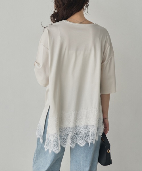 hunch(ハンチ)の「コンパクトスムース アシメレースドッキングトップス(Tシャツ/カットソー・レディース・アイボリー/ダークカーキ/ブラック・FREE)」の14枚目の写真