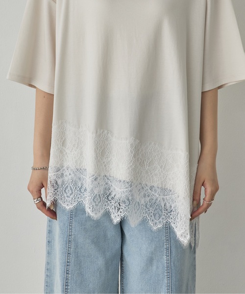 hunch(ハンチ)の「コンパクトスムース アシメレースドッキングトップス(Tシャツ/カットソー・レディース・アイボリー/ダークカーキ/ブラック・FREE)」の19枚目の写真