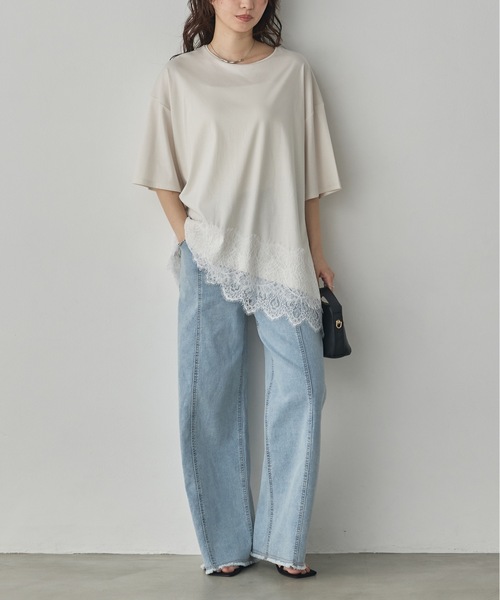 hunch(ハンチ)の「コンパクトスムース アシメレースドッキングトップス(Tシャツ/カットソー・レディース・アイボリー/ダークカーキ/ブラック・FREE)」の20枚目の写真