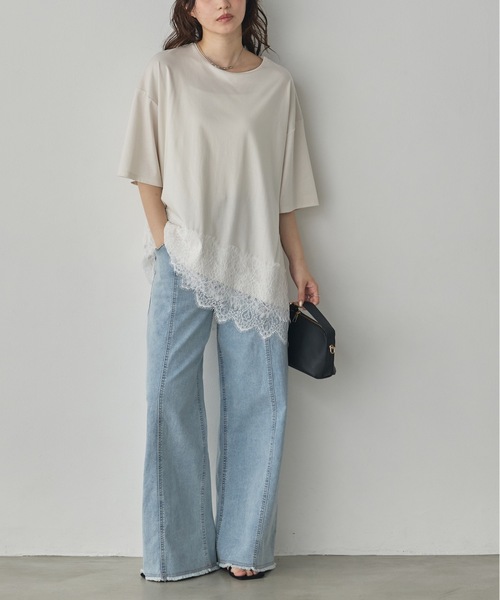 hunch(ハンチ)の「コンパクトスムース アシメレースドッキングトップス(Tシャツ/カットソー・レディース・アイボリー/ダークカーキ/ブラック・FREE)」の4枚目の写真