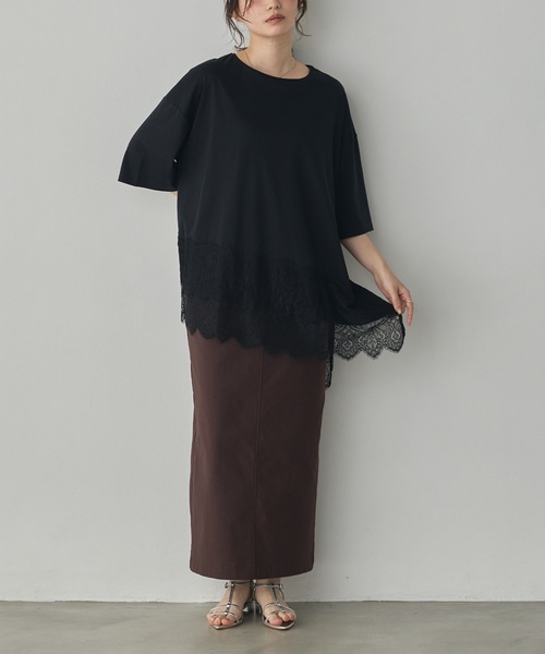 hunch(ハンチ)の「コンパクトスムース アシメレースドッキングトップス(Tシャツ/カットソー・レディース・アイボリー/ダークカーキ/ブラック・FREE)」の5枚目の写真