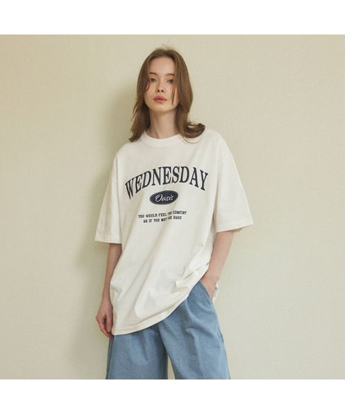 WEDNESDAYOASISFORWOMEN(ウェンズデー オアシス フォー ウーマン)の「W/シグニチャーオーバーサイズ半袖Tシャツ (6色)(Tシャツ/カットソー・レディース・ブルー/グリーン/アイボリー/ネイビー/グレー/ブラック・MEDIUM/LARGE)」の1枚目の写真