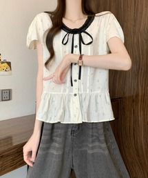 フラワー刺繍リボンペプラムブラウス