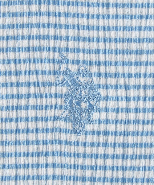 U.S. POLO ASSN.（ユーエスポロアッスン）の「U.S. POLO ASSN./ユーエスポロアッスン ワンポイント刺繍 シアサッカー リンガーTシャツ 2026年 夏 夏服（Tシャツ/カットソー・レディース・サックスブルー・S/M/L）」の2枚目の写真
