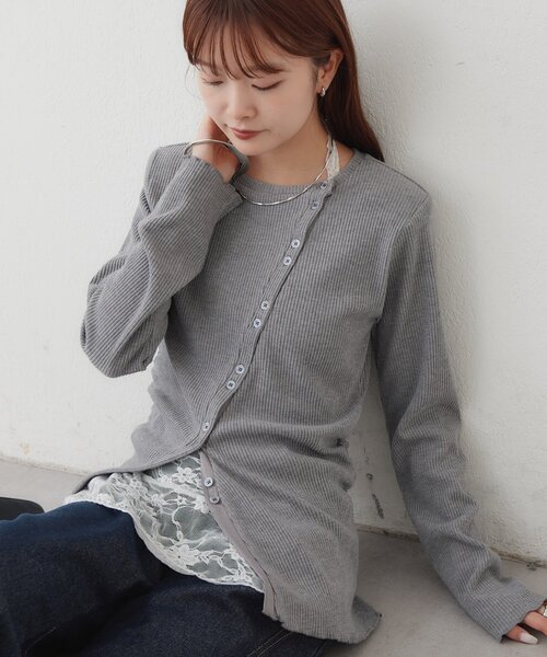 mystic（ミスティック）の「肩パット付きリブカーディガン（Tシャツ/カットソー・レディース・ブルー/オフホワイト/グレー・FREE）」の3枚目の写真