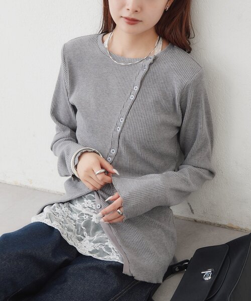 mystic（ミスティック）の「肩パット付きリブカーディガン（Tシャツ/カットソー・レディース・ブルー/オフホワイト/グレー・FREE）」の16枚目の写真