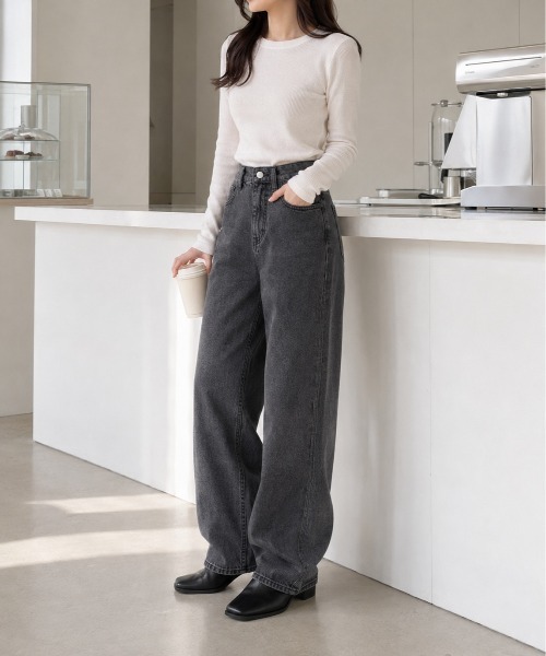 Mku Ekta（ムクエクタ）の「ハイウエストワイドレッグジーンズ（デニムパンツ・レディース・ブルー/ダークグレー・M/S/XL/L）」の9枚目の写真