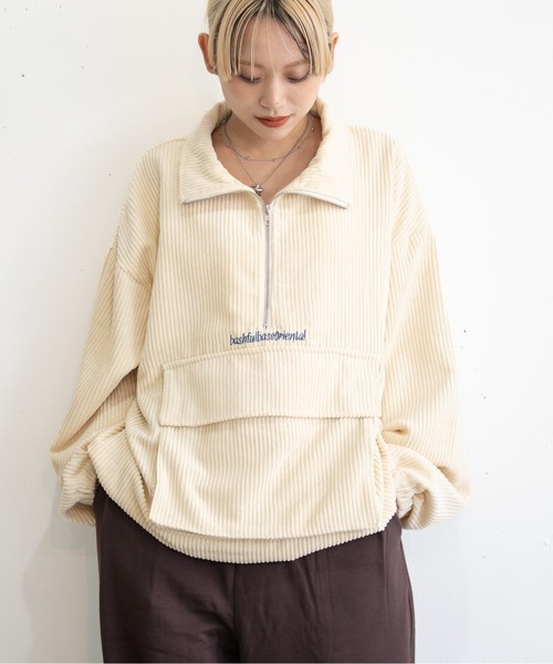 bashful base Oriental(バッシュフルベースオリエンタル)の「【bbO】コーデュロイハーフジップアノラック(スウェット・メンズ・ブラック/ピンク/アイボリー/ブラウン・MEDIUM/LARGE)」の2枚目の写真