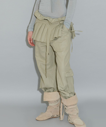 FRILL WAIST NYLON PANTS, BEIGE