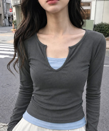バイカラー フェイクレイヤード 長袖トップス