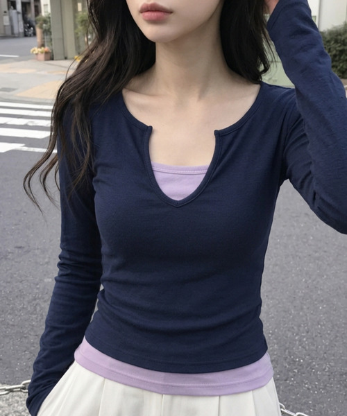 VIVID LADY(ビビッドレディー)の「バイカラー フェイクレイヤード 長袖トップス(Tシャツ/カットソー・レディース・ブラック/チャコールグレー/ネイビー/ブラウン・FREE)」の10枚目の写真