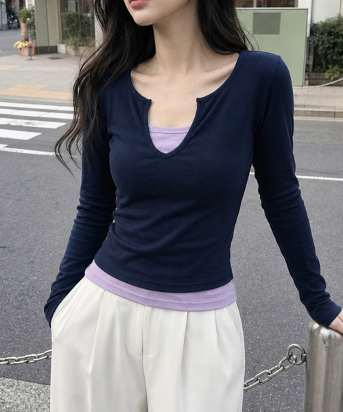 VIVID LADY(ビビッドレディー)の「バイカラー フェイクレイヤード 長袖トップス(Tシャツ/カットソー・レディース・ブラック/チャコールグレー/ネイビー/ブラウン・FREE)」の11枚目の写真