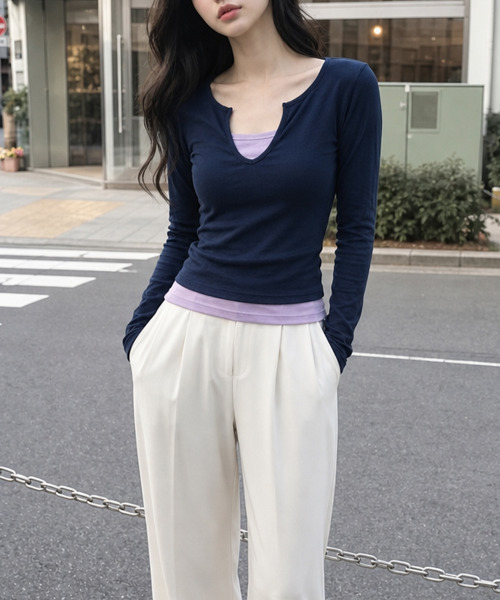 VIVID LADY(ビビッドレディー)の「バイカラー フェイクレイヤード 長袖トップス(Tシャツ/カットソー・レディース・ブラック/チャコールグレー/ネイビー/ブラウン・FREE)」の12枚目の写真