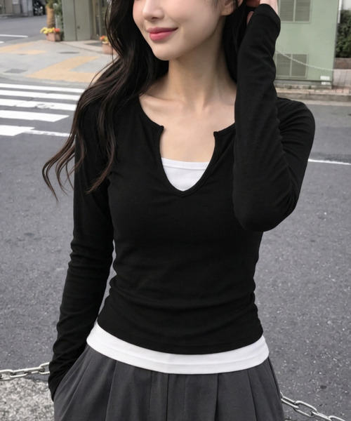 VIVID LADY(ビビッドレディー)の「バイカラー フェイクレイヤード 長袖トップス(Tシャツ/カットソー・レディース・ブラック/チャコールグレー/ネイビー/ブラウン・FREE)」の17枚目の写真