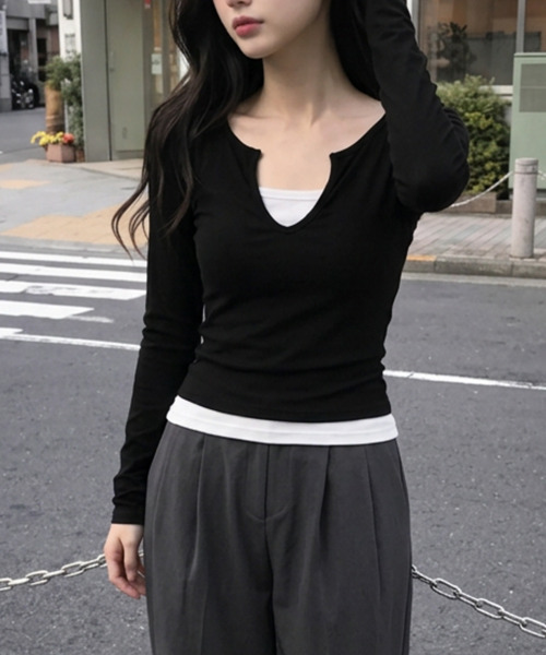 VIVID LADY(ビビッドレディー)の「バイカラー フェイクレイヤード 長袖トップス(Tシャツ/カットソー・レディース・ブラック/チャコールグレー/ネイビー/ブラウン・FREE)」の18枚目の写真