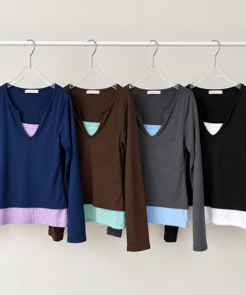 VIVID LADY(ビビッドレディー)の「バイカラー フェイクレイヤード 長袖トップス(Tシャツ/カットソー・レディース・ブラック/チャコールグレー/ネイビー/ブラウン・FREE)」の21枚目の写真