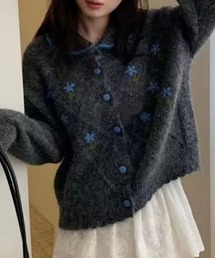 フラワー刺繍ニットカーディガン