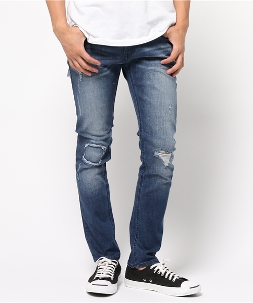 VENCEEXCHANGE(ヴァンスエクスチェンジ)の「リペアーデニムスキニーパンツ(デニムパンツ・メンズ・ネイビー/ブルー・MEDIUM/SMALL/LARGE)」の1枚目の写真
