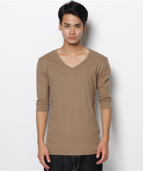 WEGO（ウィゴー）の「WEGO/フライスVネック5分袖カットソー（Tシャツ/カットソー・メンズ・ブラウン・SMALL/LARGE）」の2枚目の写真