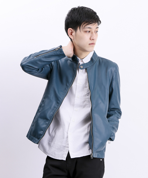 WEGO(ウィゴー)の「WEGO/フェイクレザーシングルライダースジャケット(ライダースジャケット・メンズ・ブラック/ブルー・MEDIUM/LARGE)」の1枚目の写真